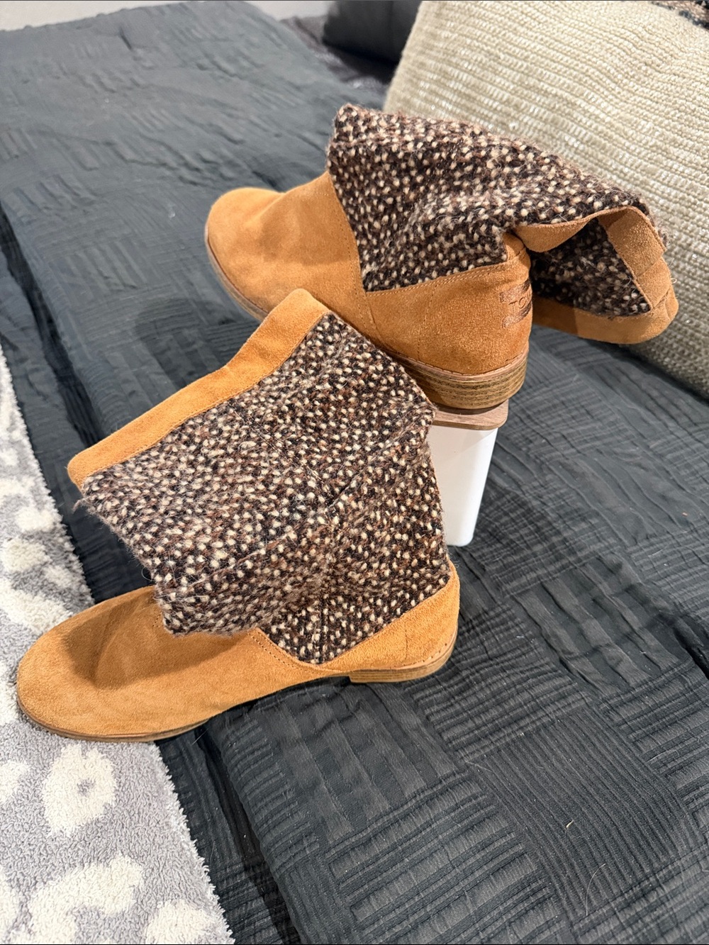 Toms Camel Suede Fold-Over Ankle Boots with Tweed Cuff